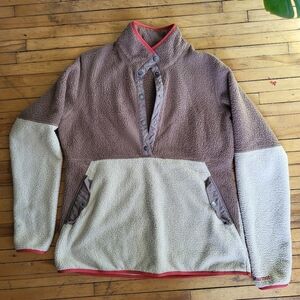 Marmot cream tan brown 1/2 snap soft sherpa fleece pullover w/ pockets sz L/XL